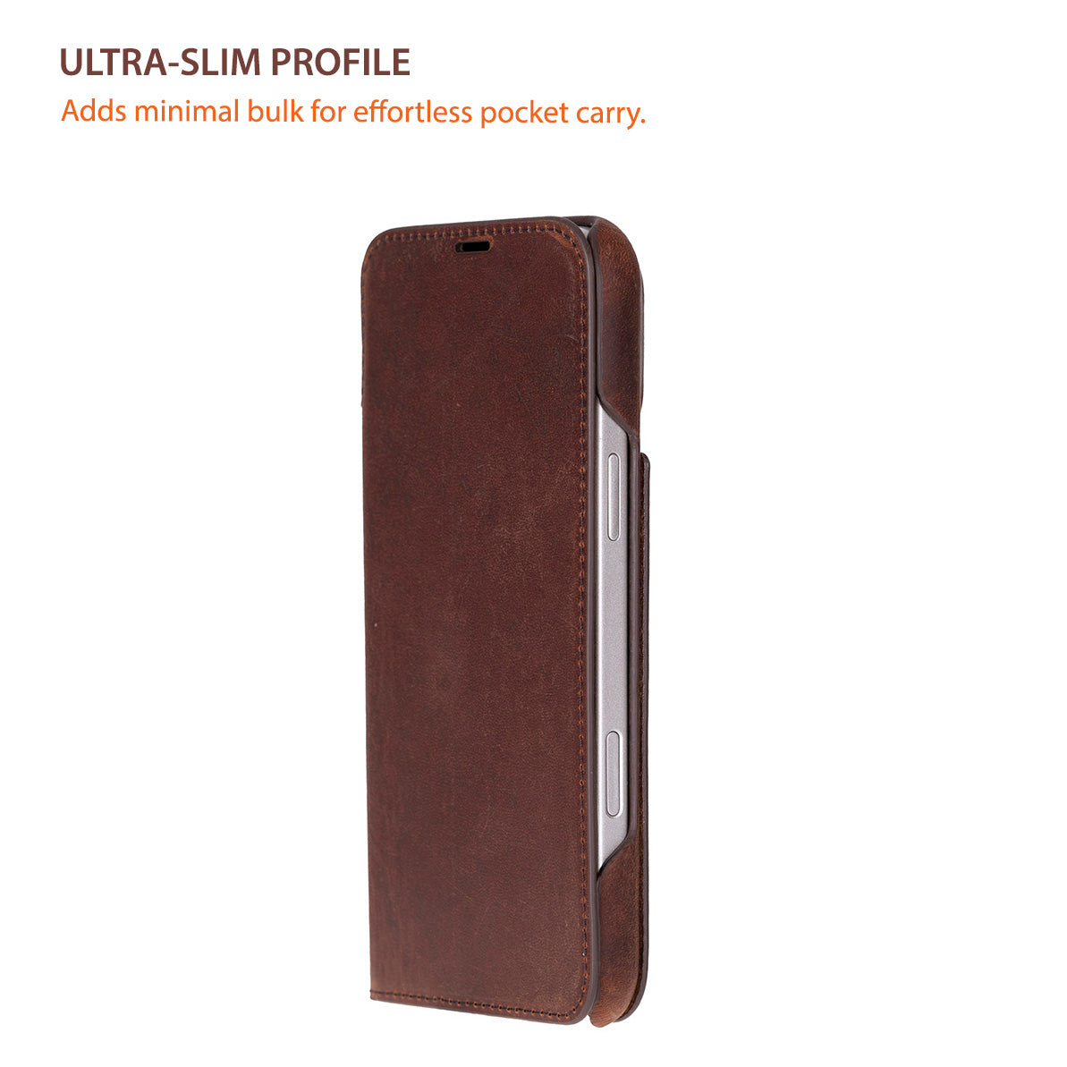 Brown iphone 17 case with text about ultra-slim profile on a white background