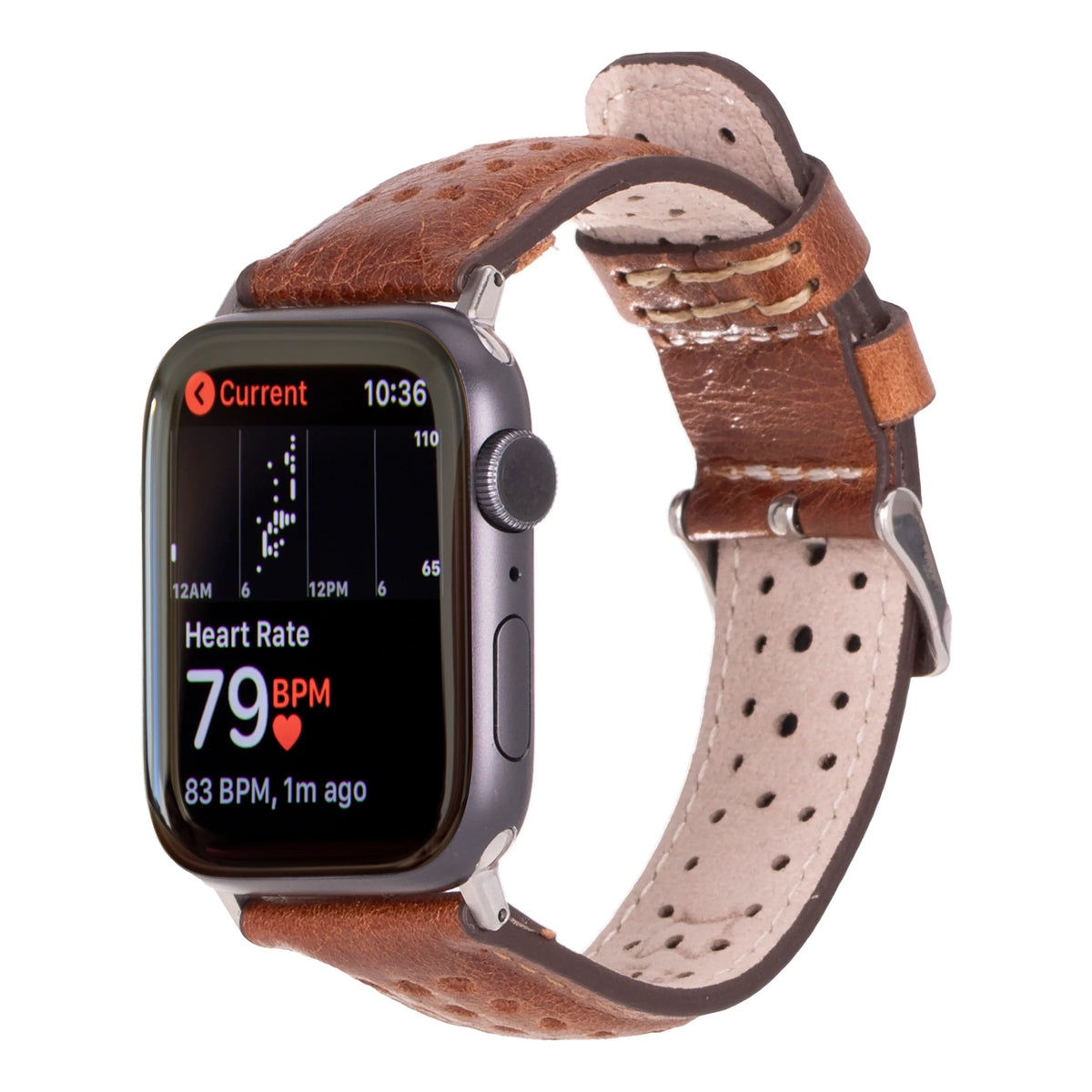 Smartwatch with a brown leather strap on a white background
