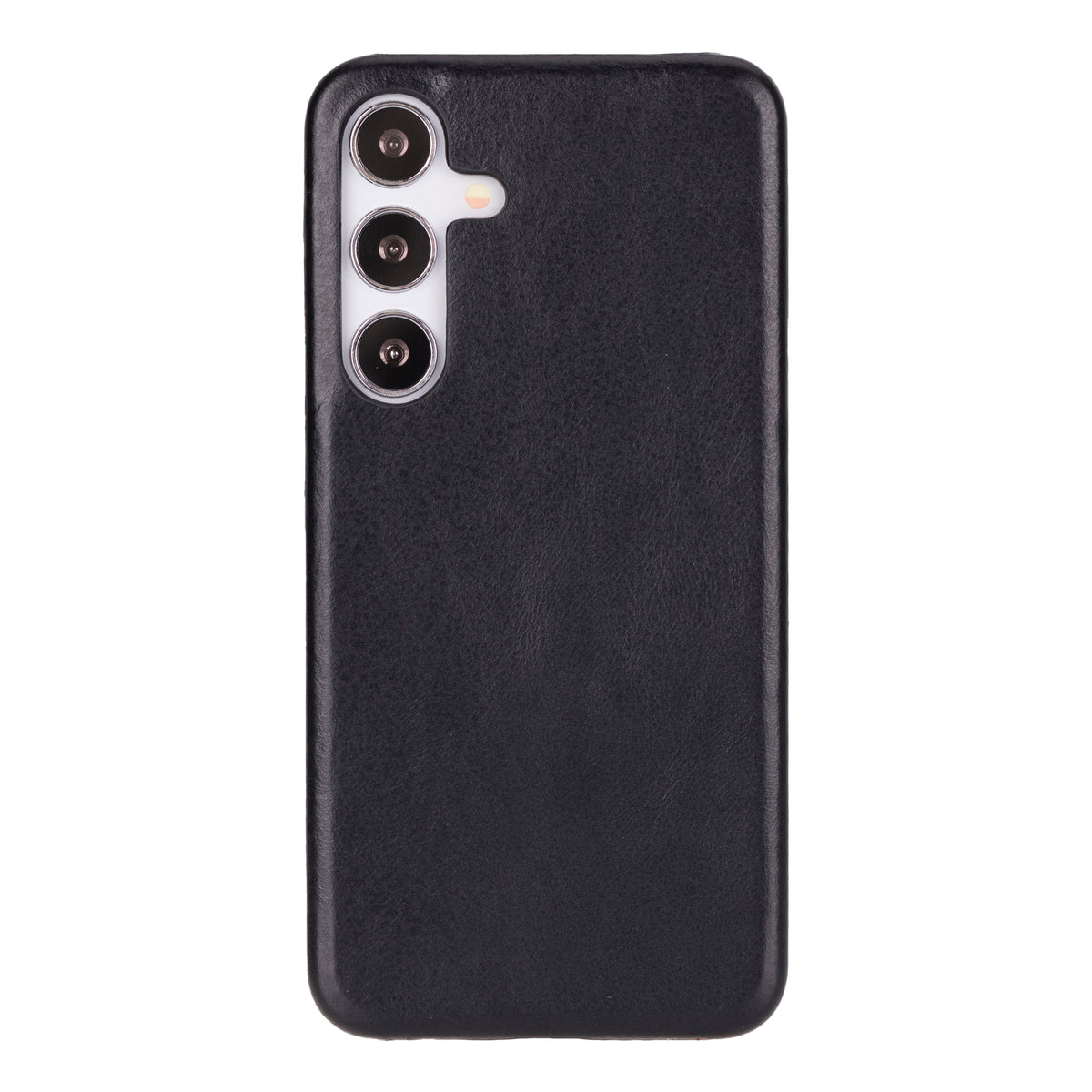 Black leather back case for Samsung Galaxy S25 with camera cutouts.