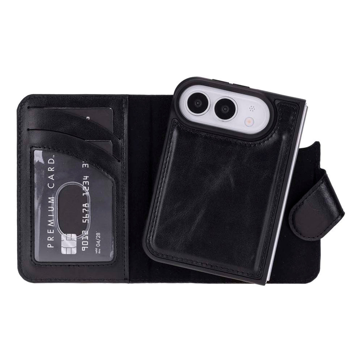 iphone 18 duo Black leather wallet phone case shown open on a white background, with card slots on the left and a phone insert on the right.