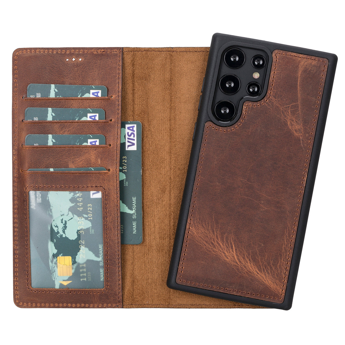 Brown leather phone case with card slots and phone back view on a white background