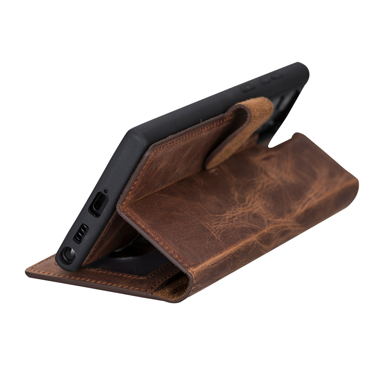Brown leather phone case with a black phone inside on a white background