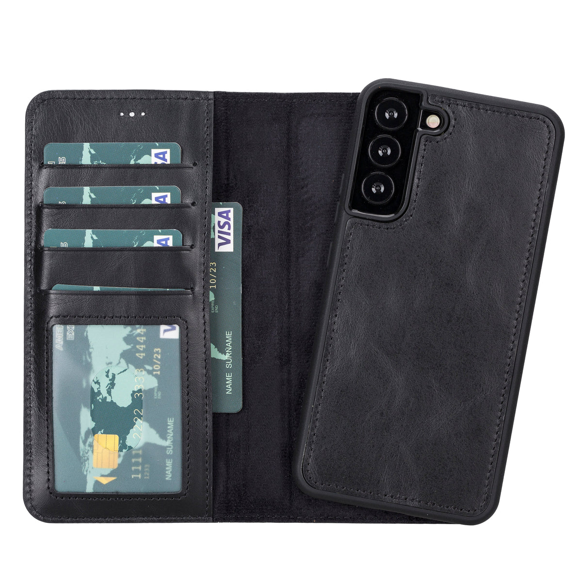 Black phone case with card slots on a white background