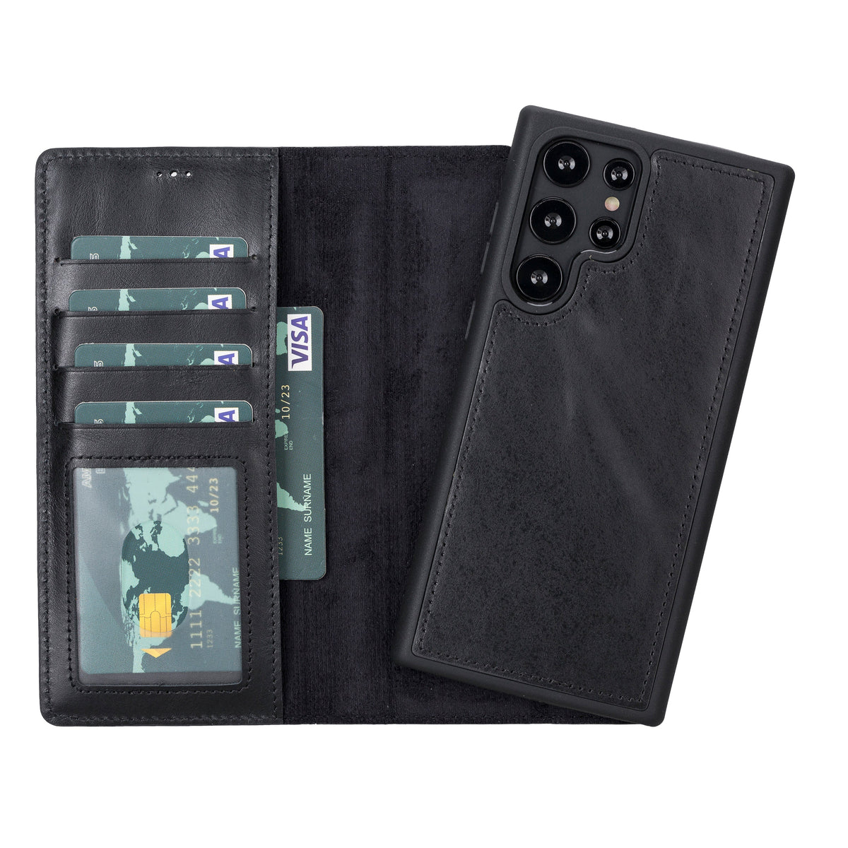 Black phone case with card slots on a white background
