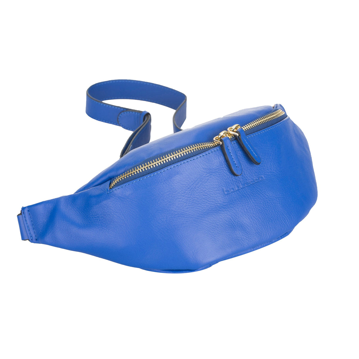 A blue leather waist bag with an adjustable strap and zipper closure.