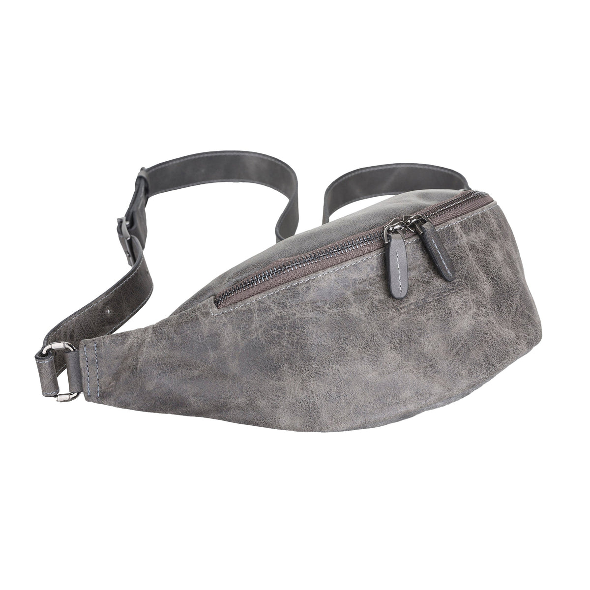 A blue leather waist bag with an adjustable strap and zipper closure.