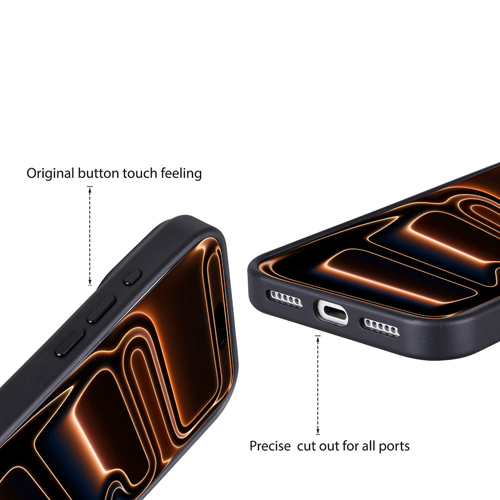 Phone case with text highlighting 'Original button touch feeling' and 'Precise cut out for all ports'.