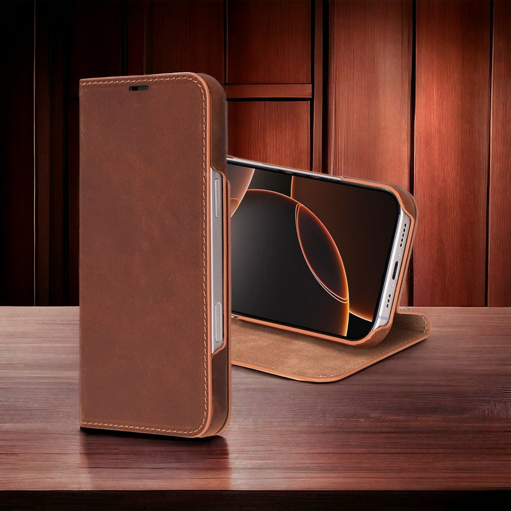 Brown leather iphone 16 case with a smartphone inside on a wooden surface