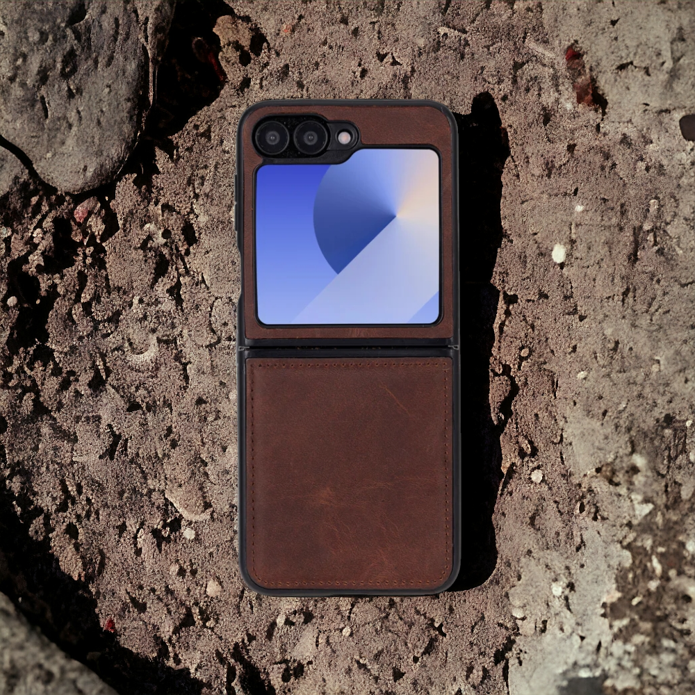 Phone case with a reflective screen on a textured surface