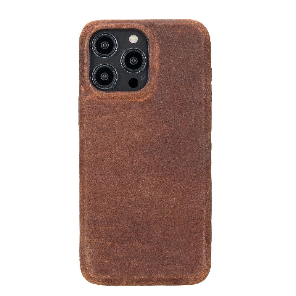 Brown leather phone case with camera cutout on a white background