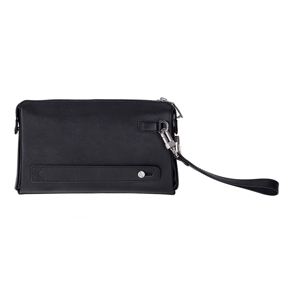 Black clutch bag with a strap on a white background