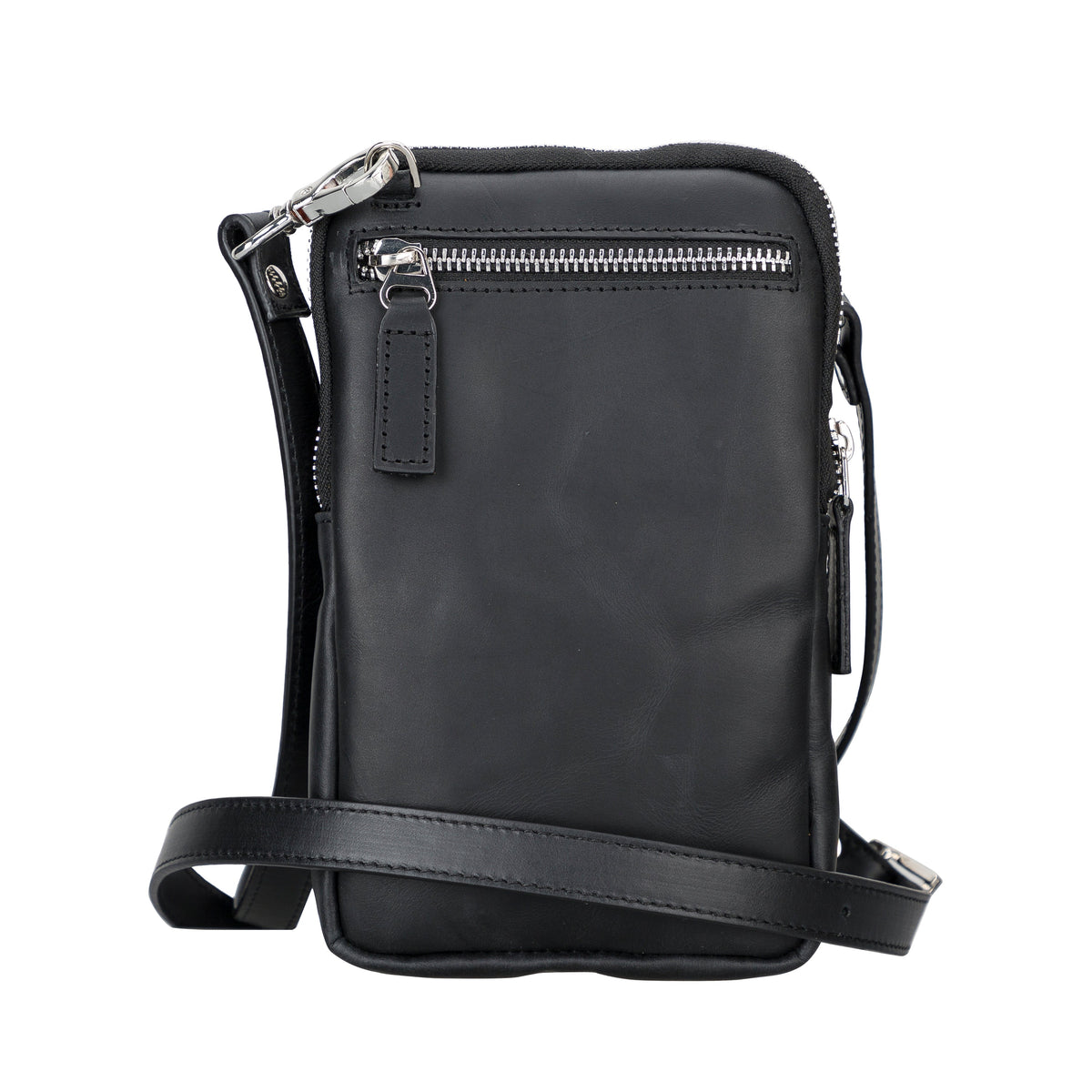 Black leather crossbody bag on a white background