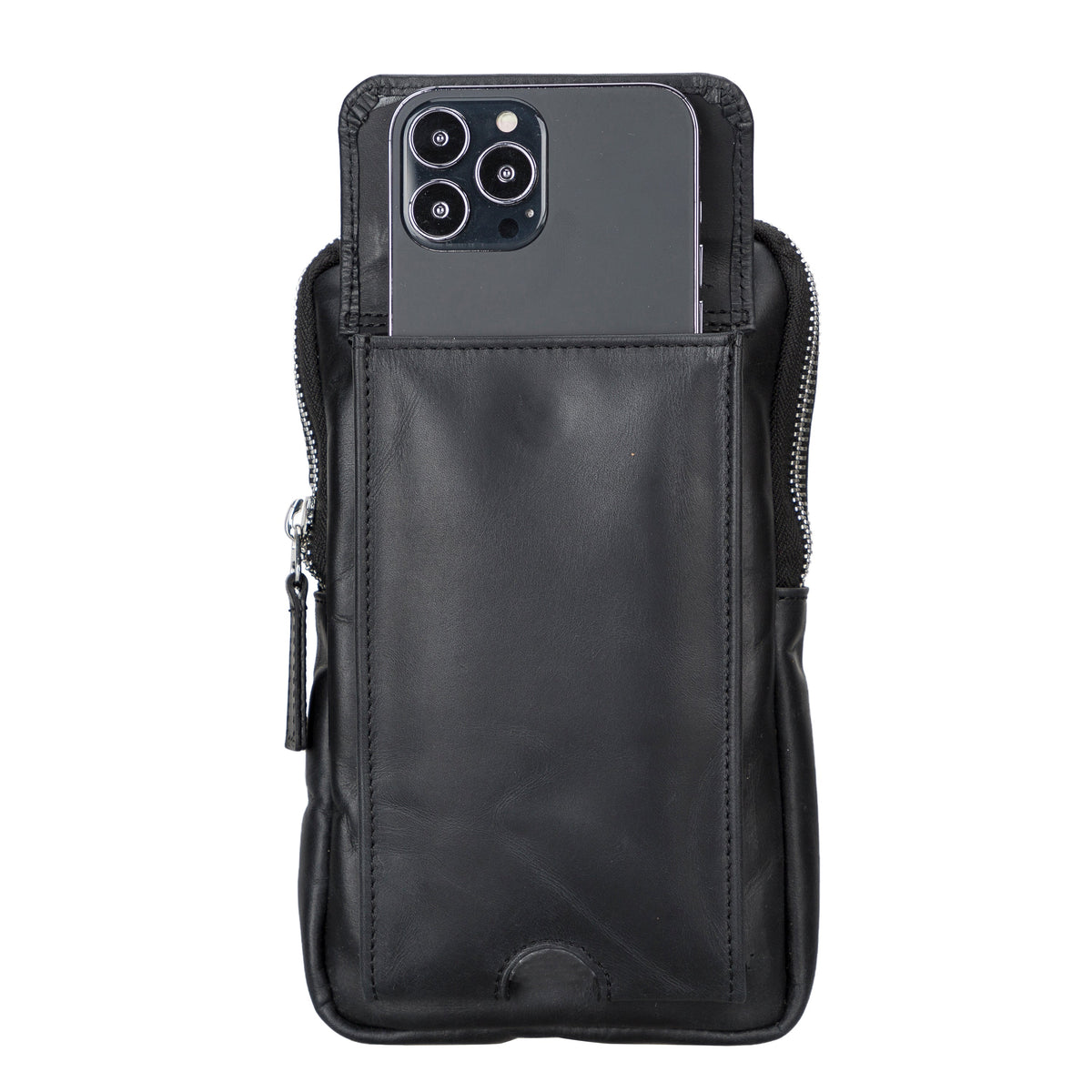 Black leather phone case with a phone inserted on a white background