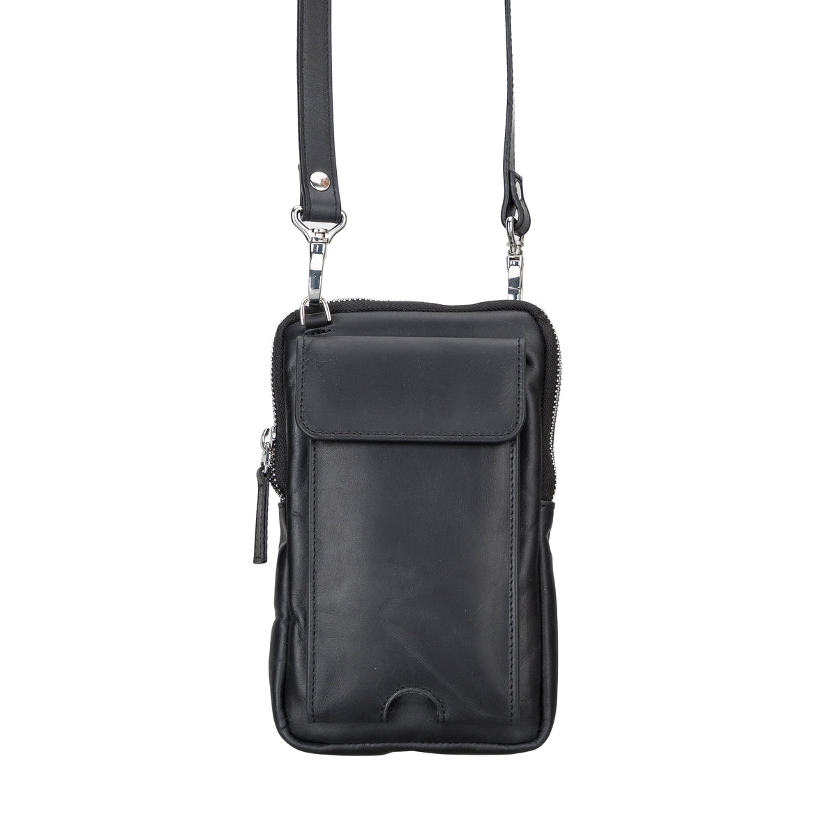 Black crossbody bag with a strap on a white background