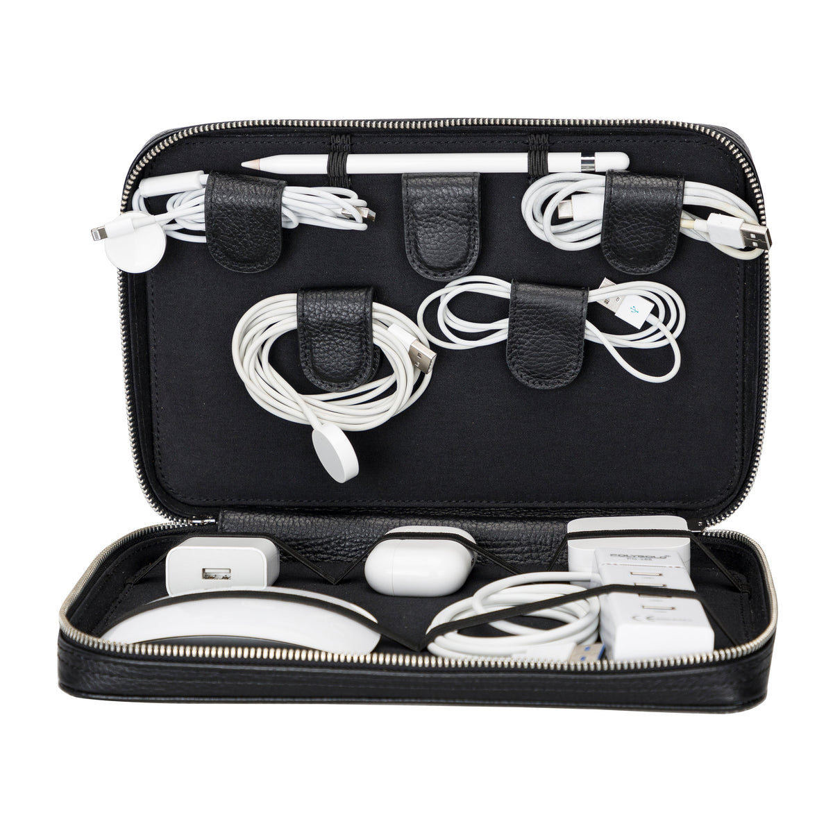 A brown genuine leather cable organizer case open, displaying an organized arrangement of cables, pens, and a white mouse.