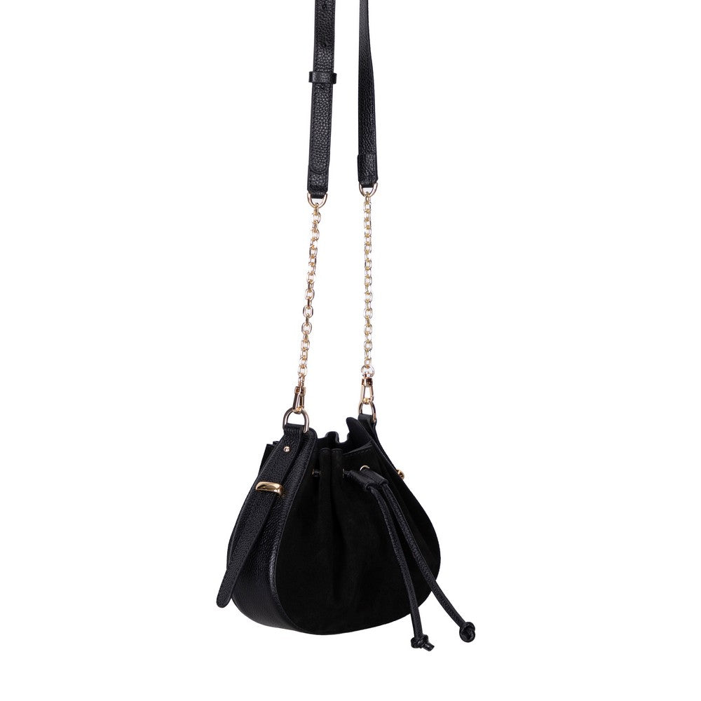 Black suede handbag with a chain strap on a white background