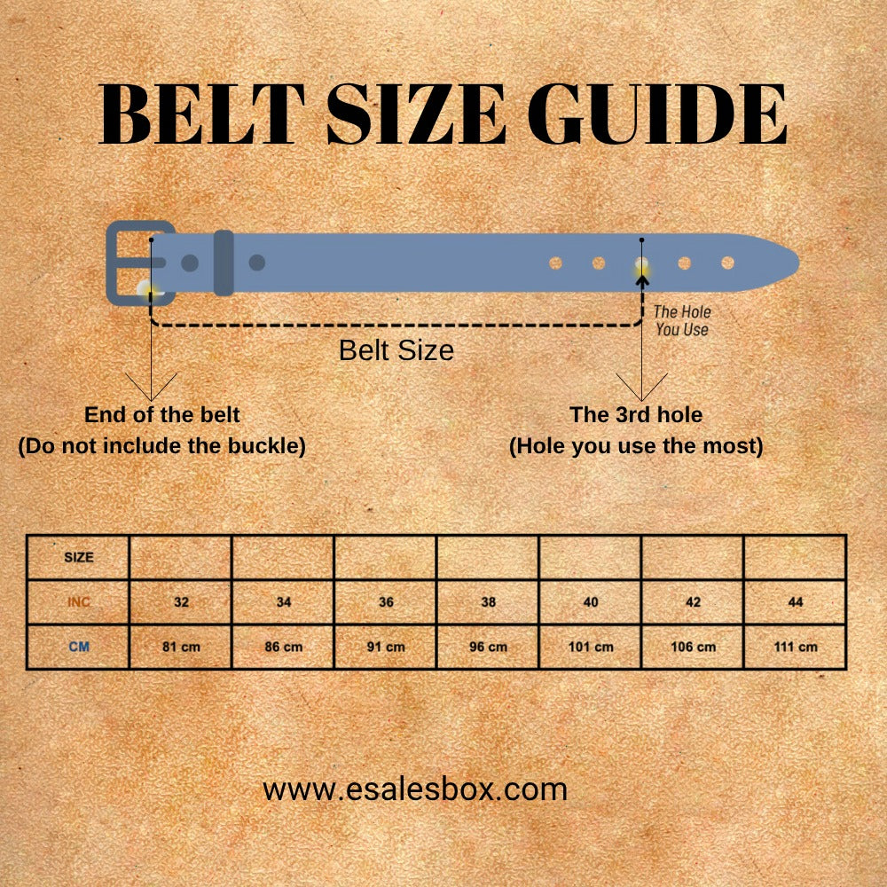 Belt size guide with a blue belt illustration on a textured brown background