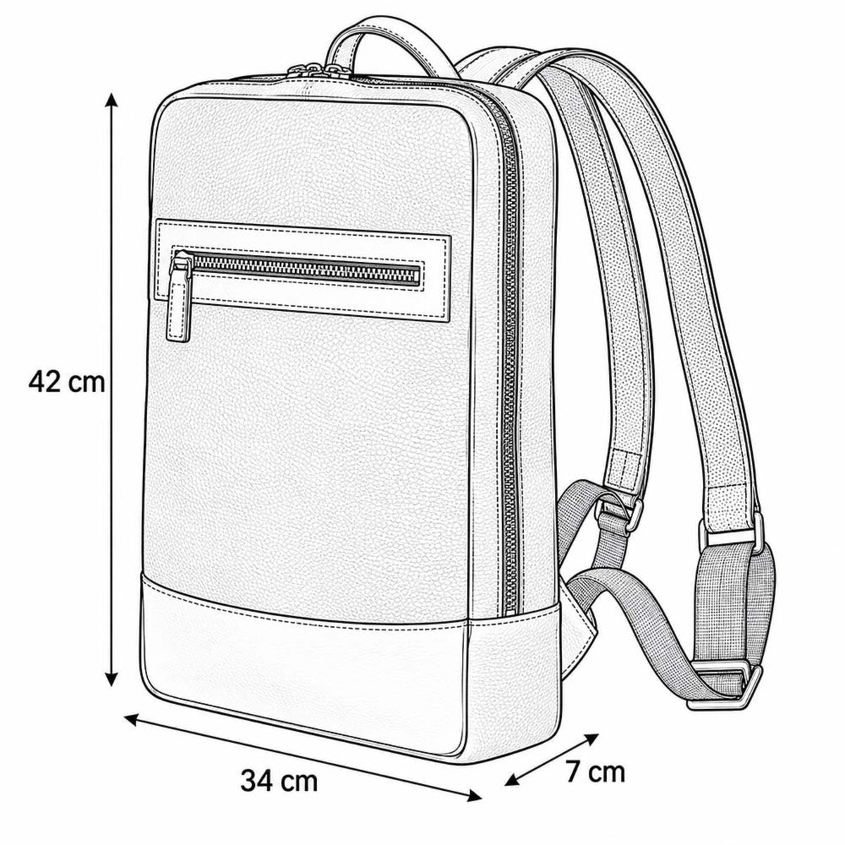 A line drawing of a backpack with dimension labels showing 42 cm height, 34 cm width, and 7 cm depth on a white background.