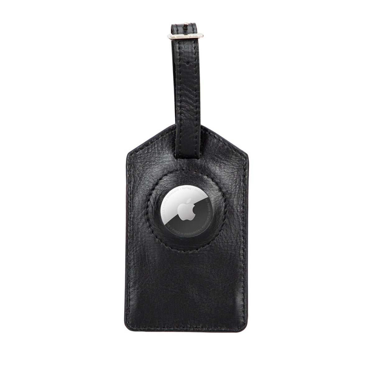 Black leather luggage tag with Apple logo on a white background