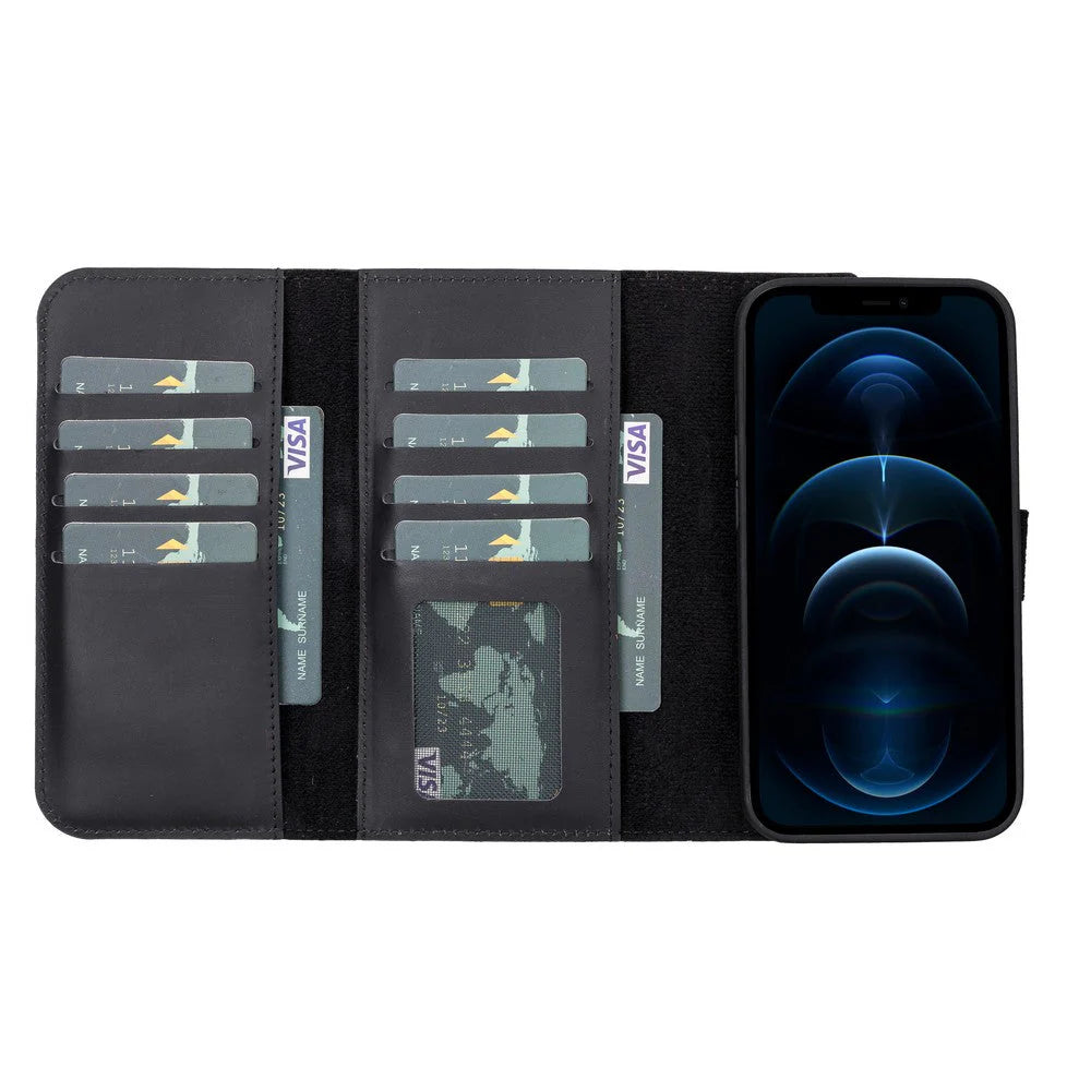 Black phone case with card slots and a phone on a white background