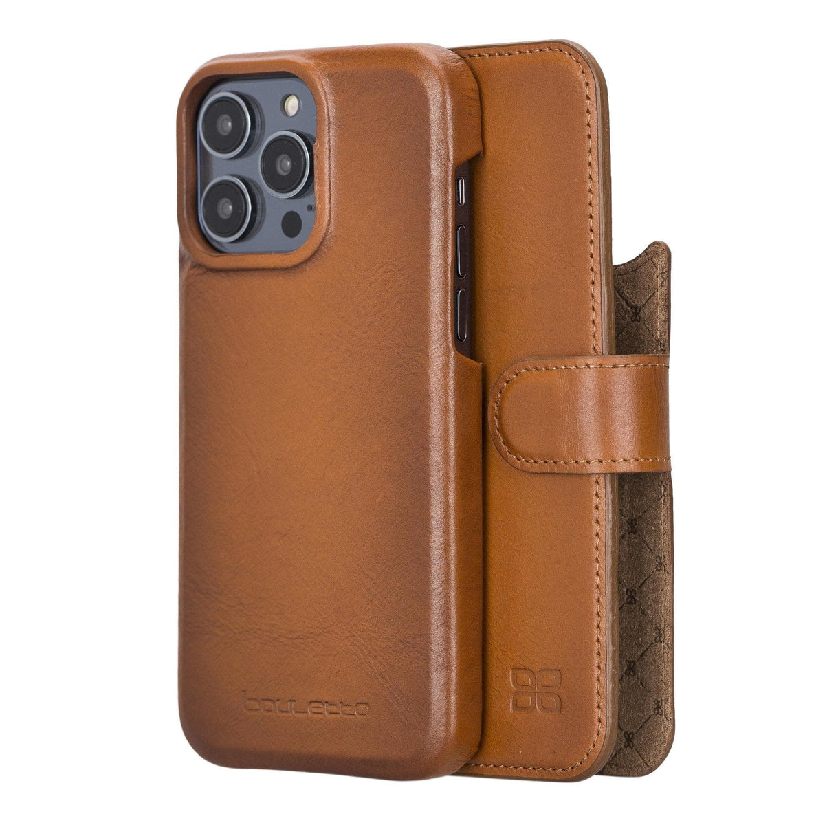 A brown genuine leather detachable wallet case for iPhone 14 Pro with a visible camera cutout and branding on the back.