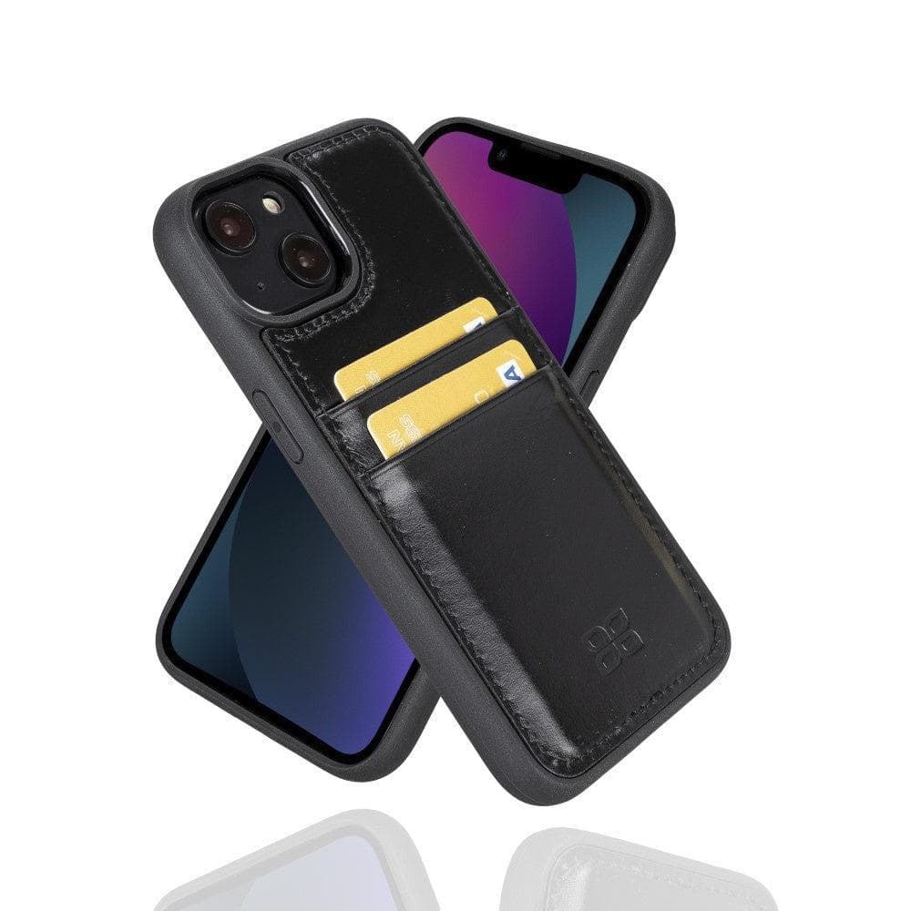 A black genuine leather flex cover case for iPhone 14 with dual card slots, displayed in an crossed position showing the back and side views.