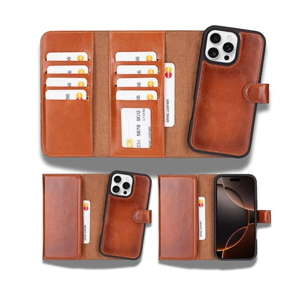 Brown leather phone case with card slots and phone pocket on a white background