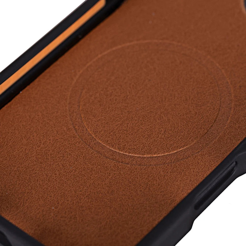 Brown leather phone case with black border on a white background