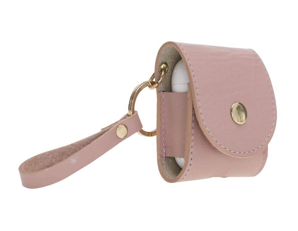 Pink leather case with keychain and gold accents on a white background