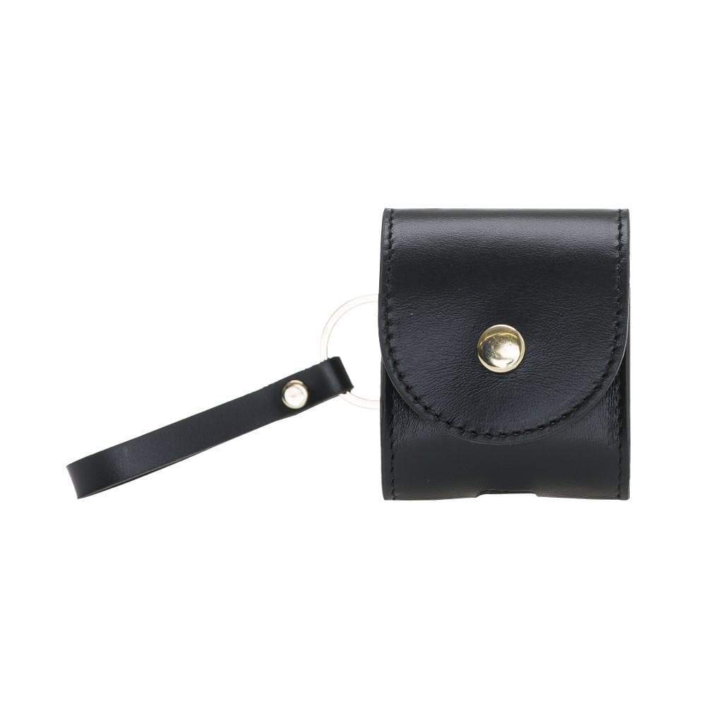 Black leather pouch with a gold button on a white background
