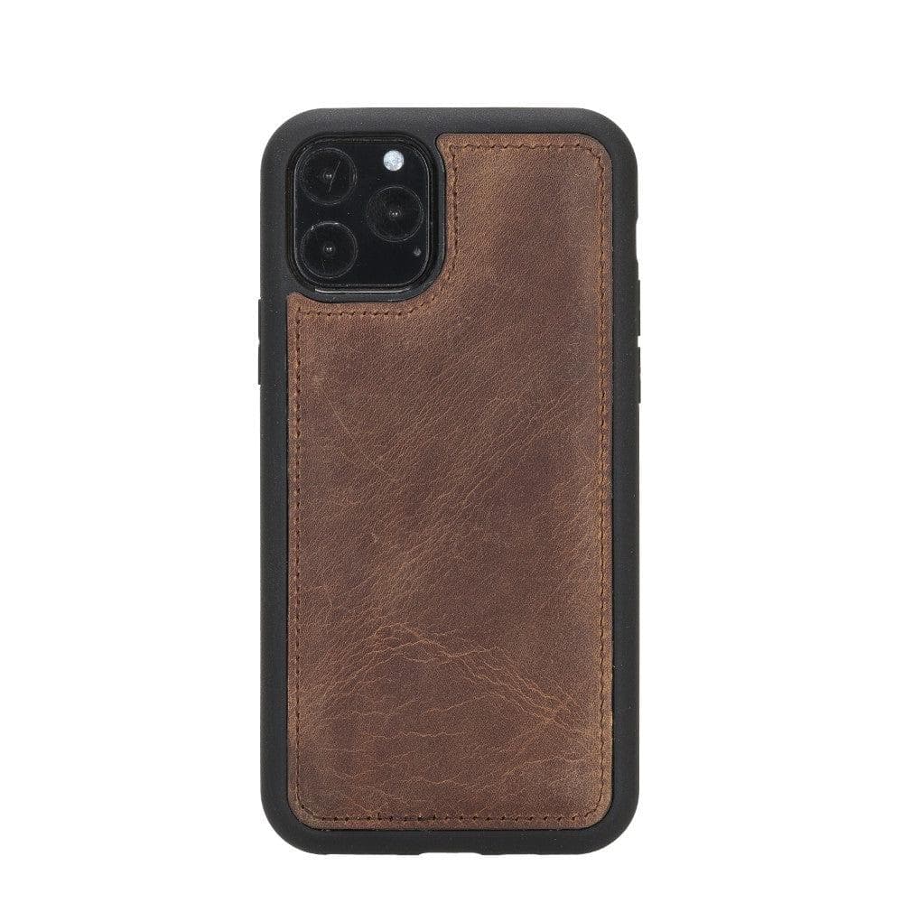 Brown leather phone case with black border on a white background