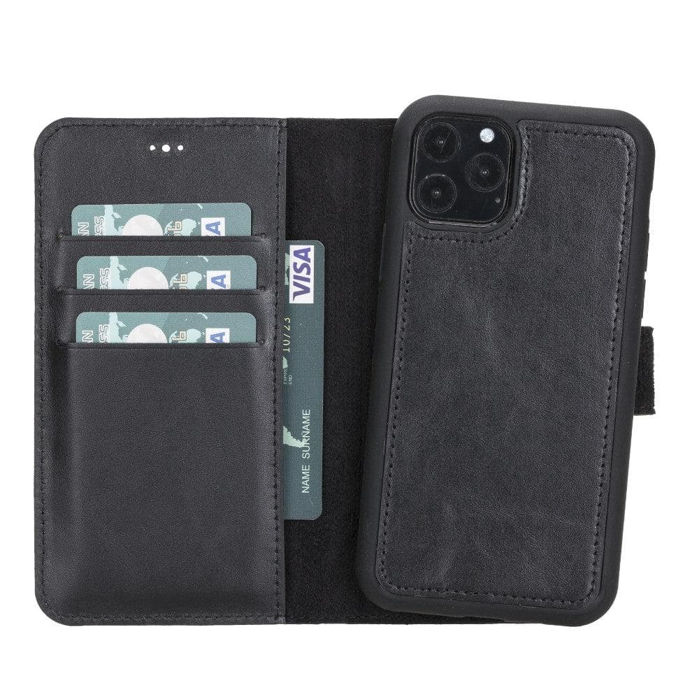 Black phone case with card slots and phone pocket on a white background