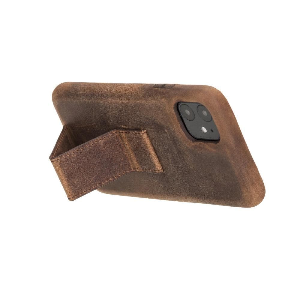 Brown leather phone case with a stand on a white background