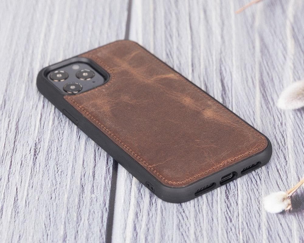 Brown leather phone case on a light wooden surface