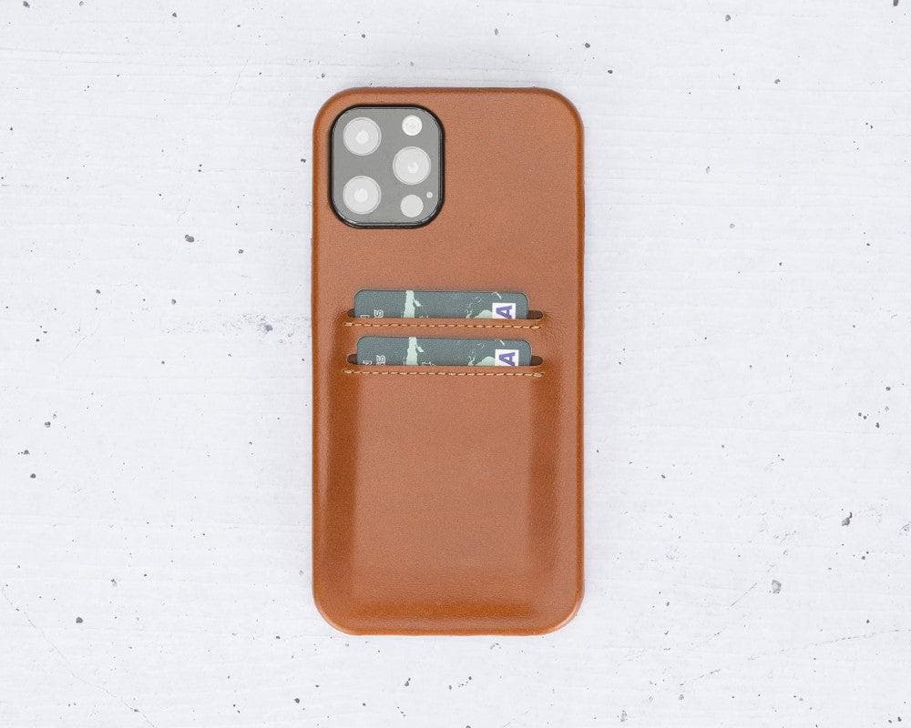 Brown phone case with card slots on a light gray background