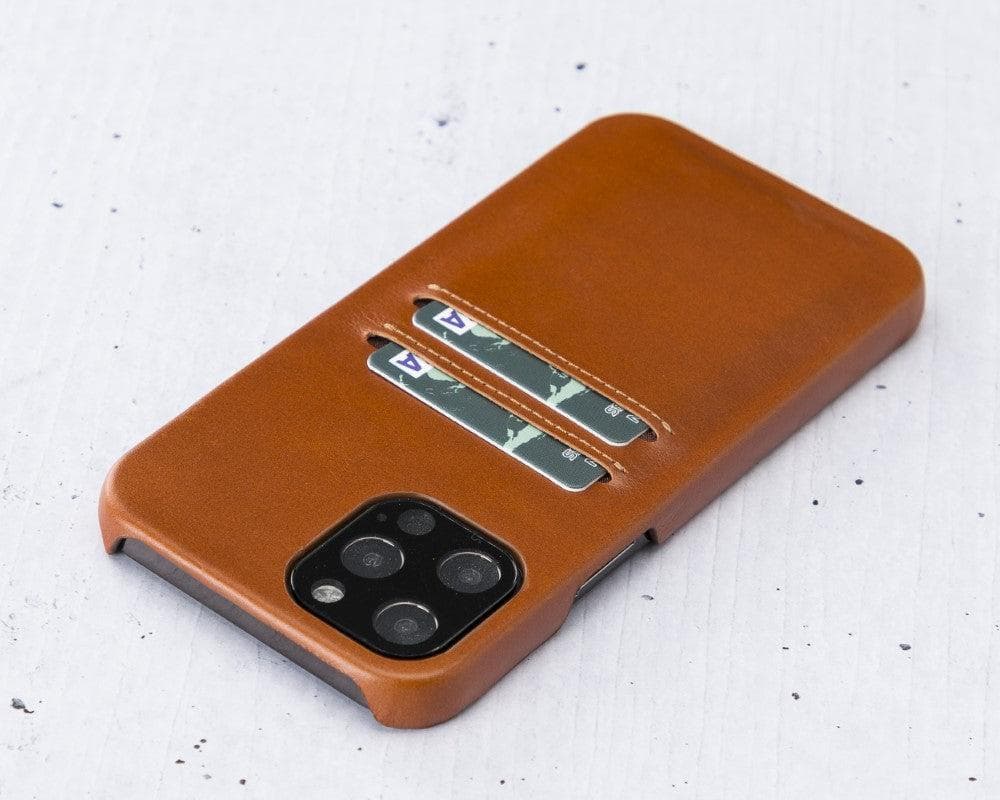 Brown phone case with card slots on a light gray background