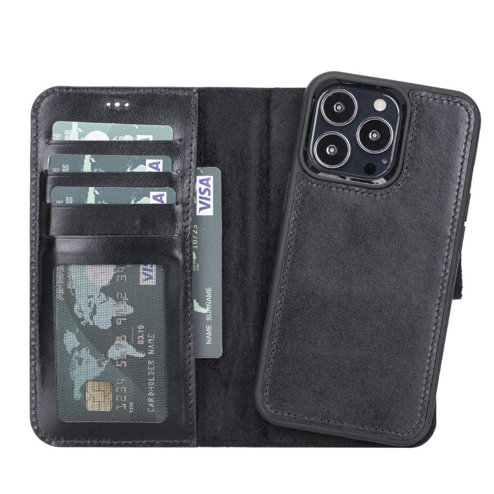 Black phone case with card slots and camera cutout on a white background