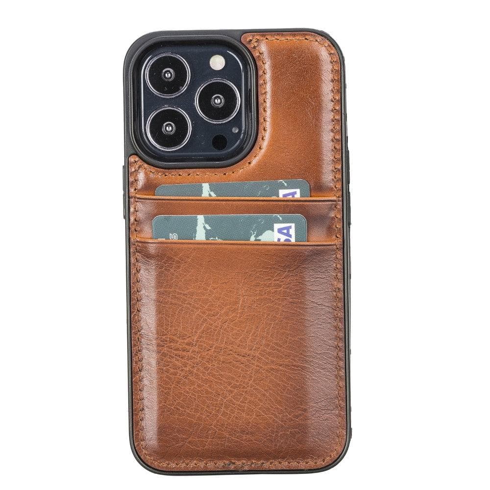 Brown leather phone case with card holder on a white background