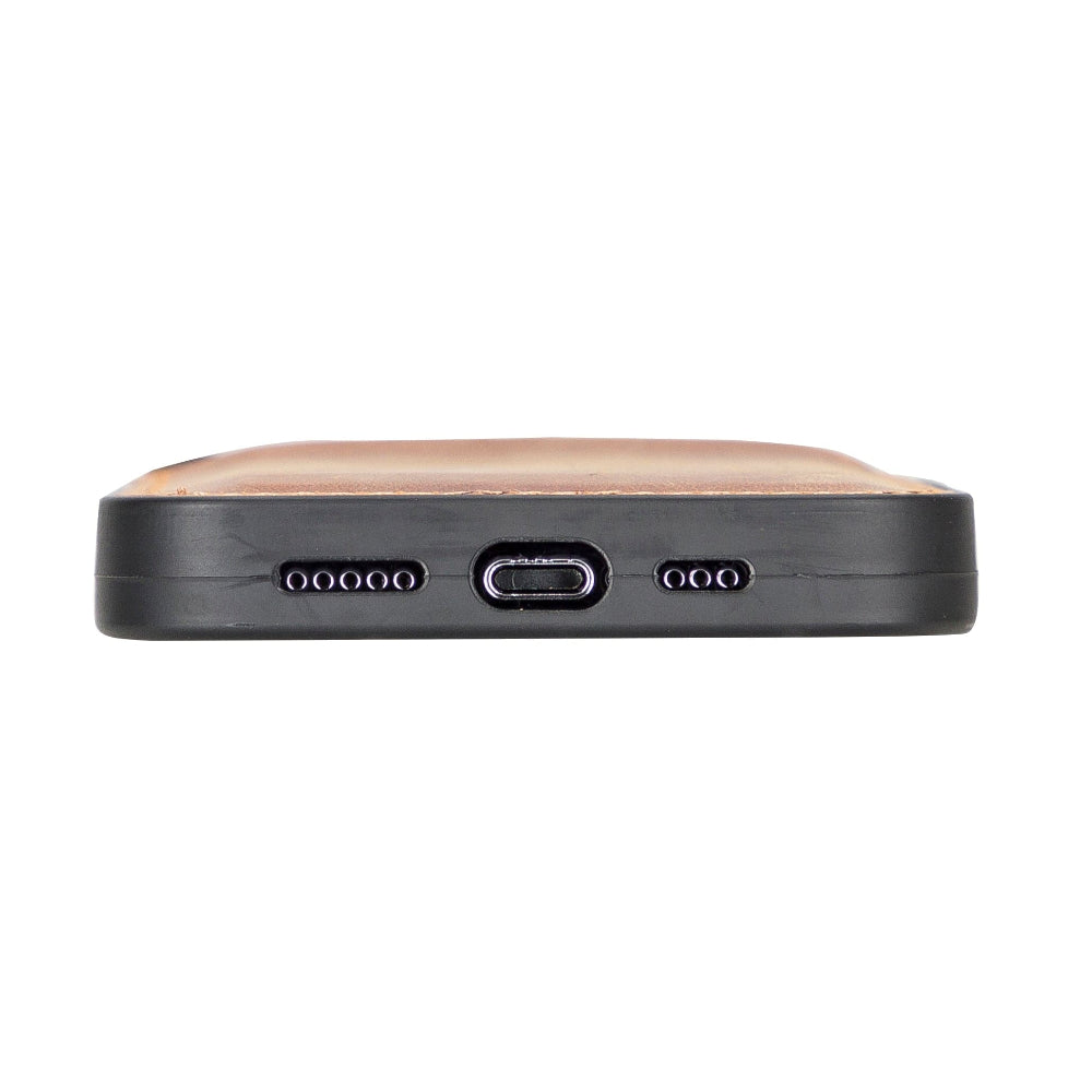 Side view of a power bank with wooden finish and black casing on a white background