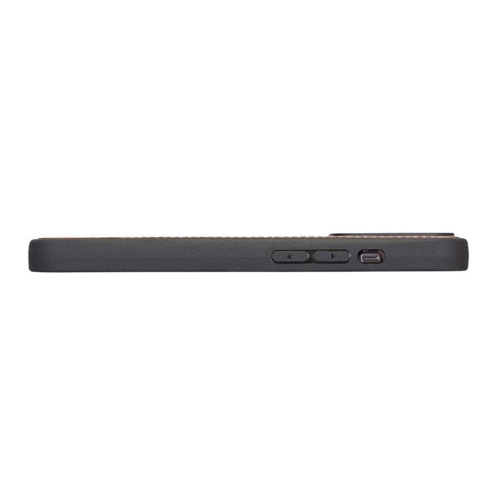 Side view of a black phone case on a white background