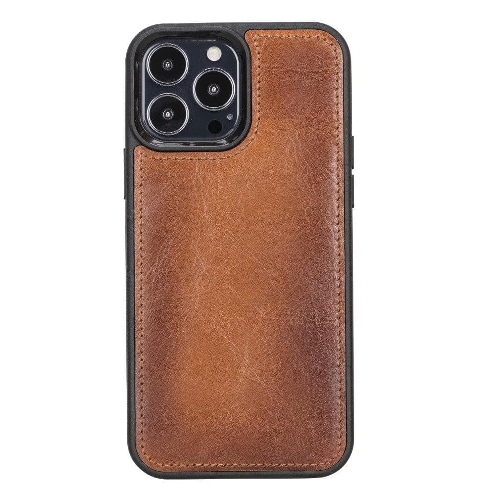 Brown leather phone case with black accents on a white background