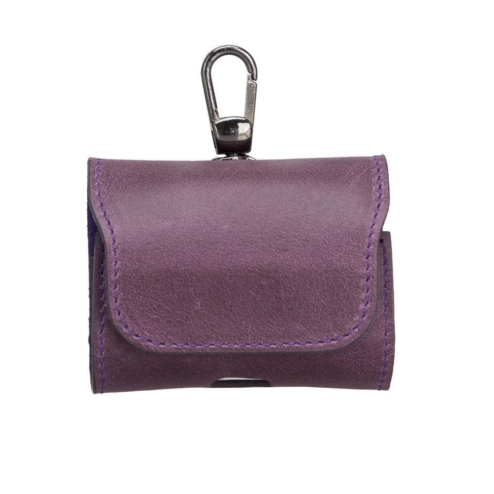 Purple leather keychain pouch with a carabiner on a white background