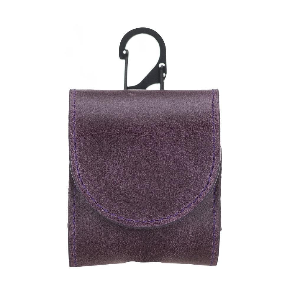 Purple leather airpods case with a carabiner clip on a white background