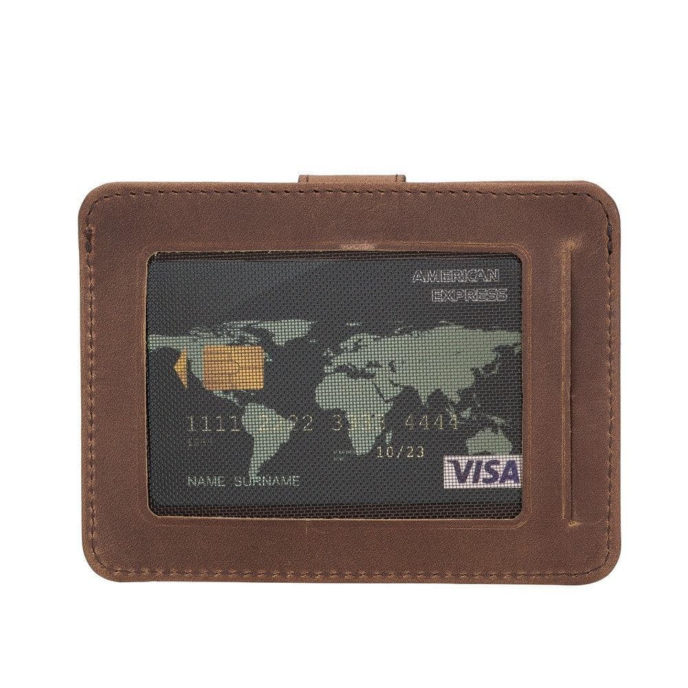Brown cardholder with world map design and visa card on a white background