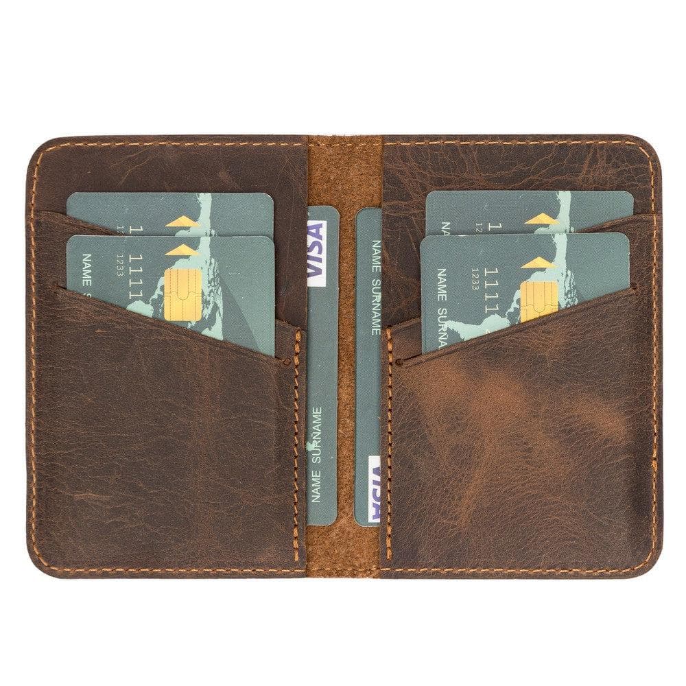 Brown leather wallet with card slots on a white background