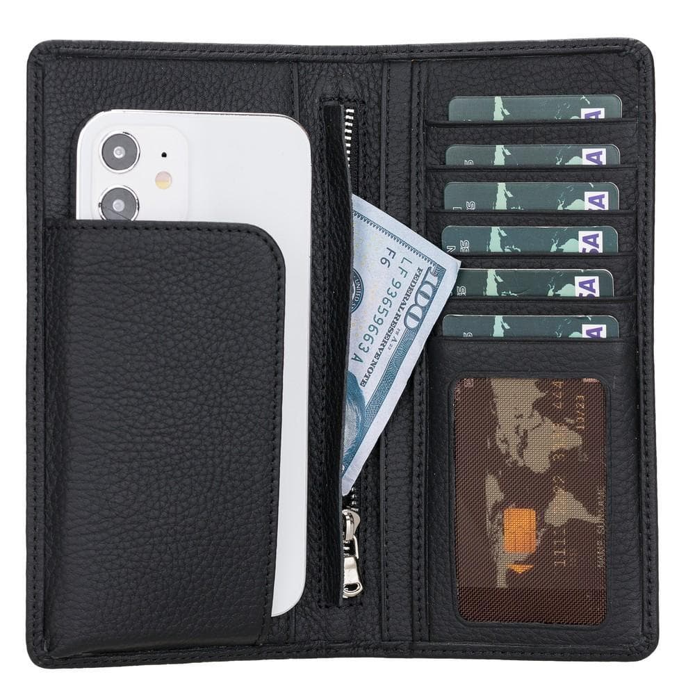 Black wallet with phone pocket, money clip, and card slots on a white background