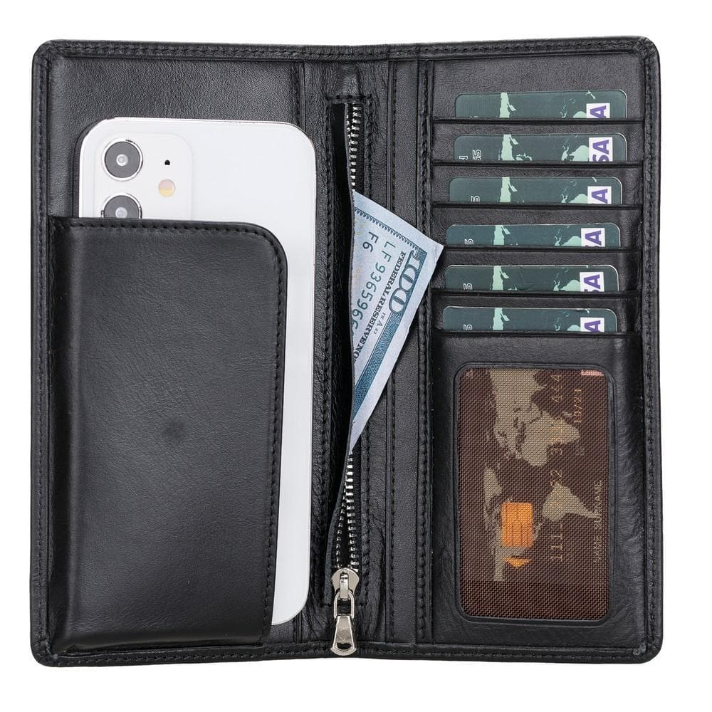 Black wallet with compartments for phone, money, and cards on a white background