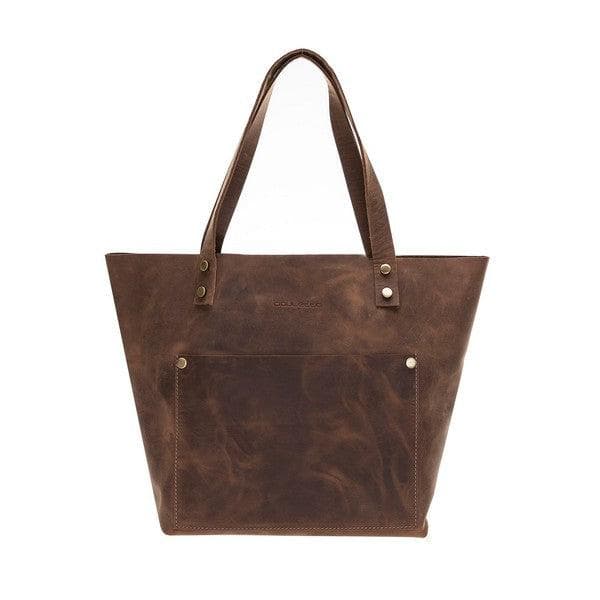 Brown leather tote bag with visible brand name on a white background