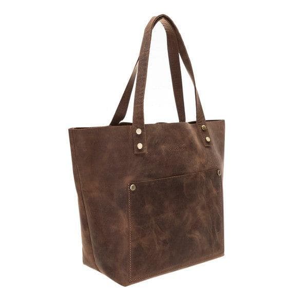 Brown leather tote bag with visible brand name on a white background