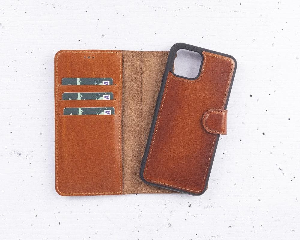 Brown leather phone case with card slots on a white background